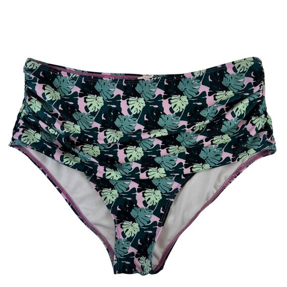 Bikini Bottoms XL Purple Green Palm Tree Leaf Print High Waist Botanical Briefs - Picture 1 of 8